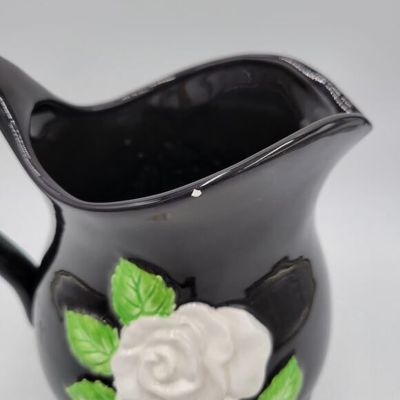 Vintage Fitz & Floyd Pitcher Black White Rose Floral Pattern Ceramic Handpainted - Picture 9 of 9